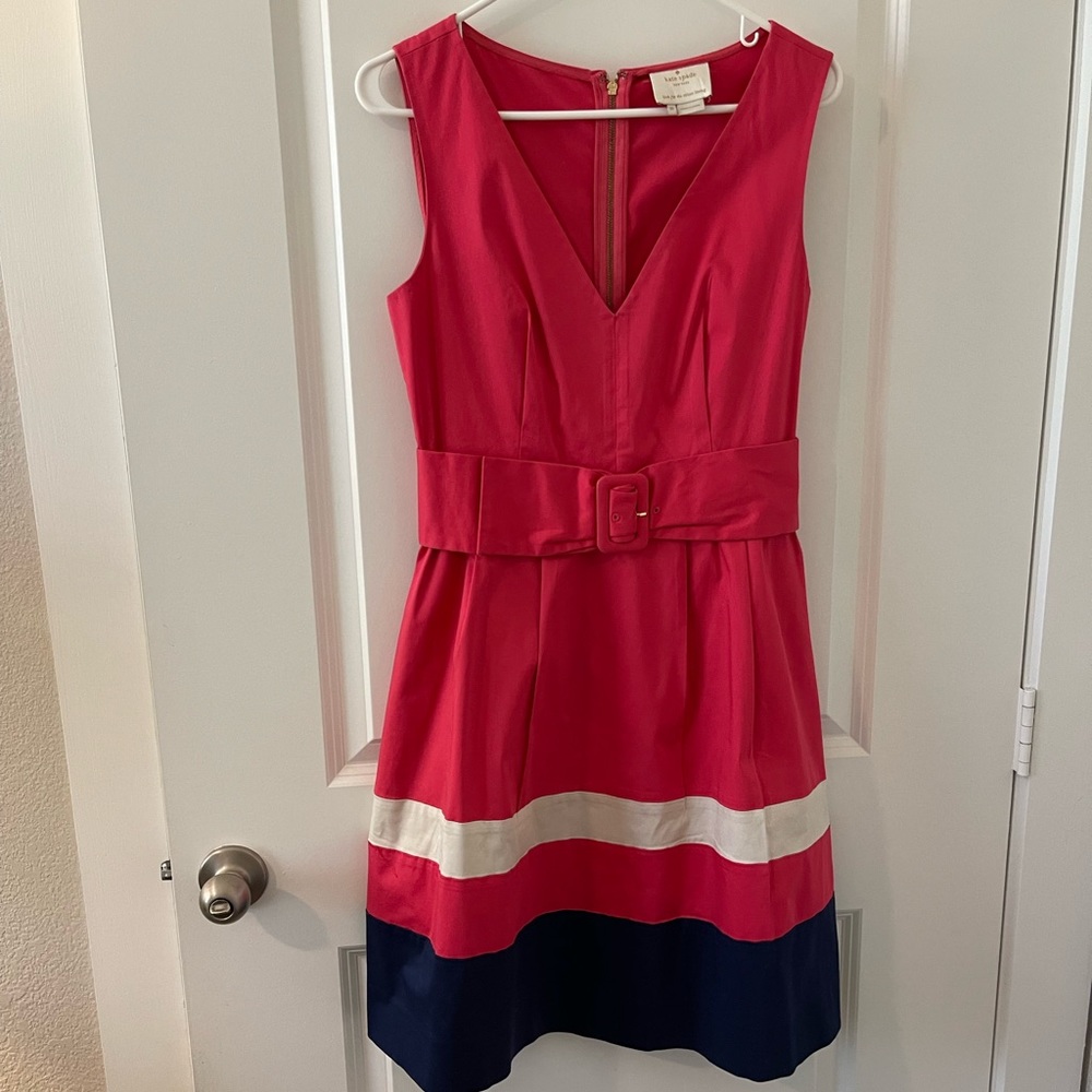 Kate Spade coral, navy, white color lock fit and flare dress, size 10